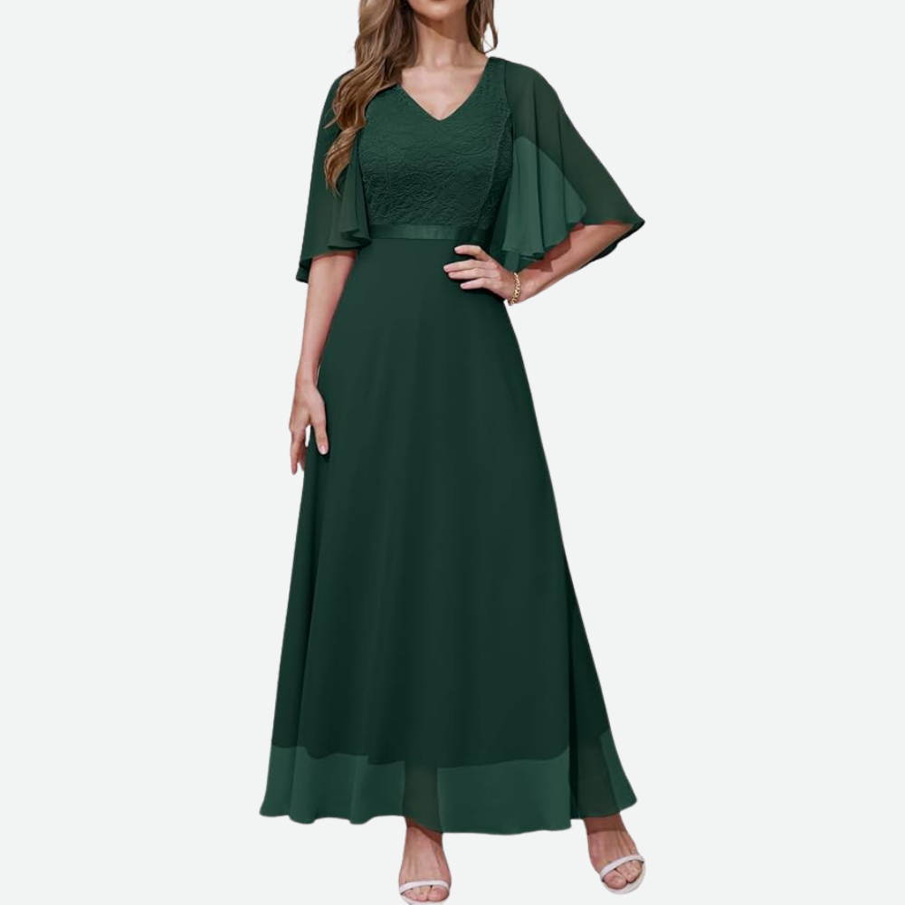 Alma | Elegante Avondjurk met Cape-Mouwen en Kant