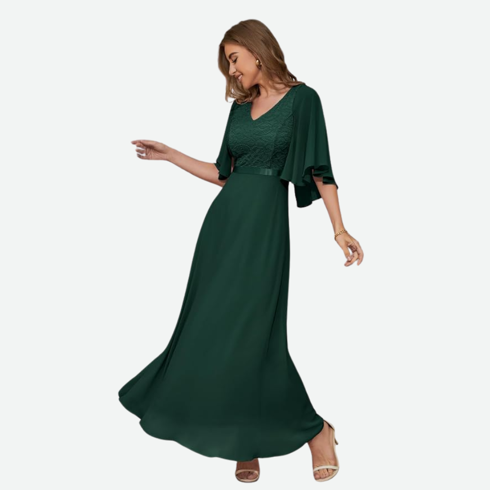 Alma | Elegante Avondjurk met Cape-Mouwen en Kant